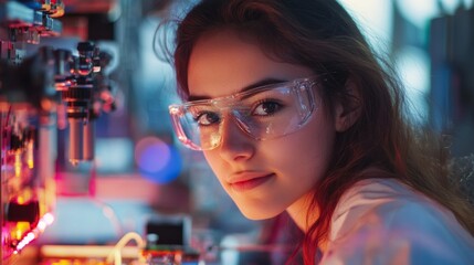 Wall Mural - A focused young woman in safety goggles works on scientific equipment, illuminated by colorful lights in a lab setting.