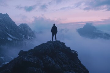 Wall Mural - A man stands on a mountain top, looking out at the horizon