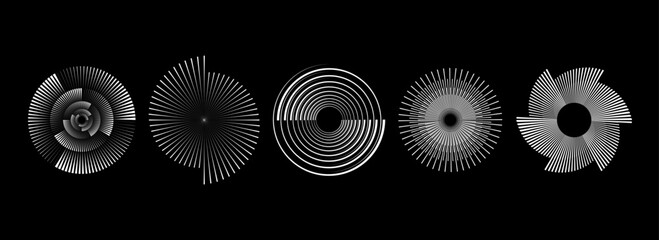 Poster - Radial spiral pattern set. Circular spinning speed lines form collection. Rotating circle sound wave concepts. Abstract sunburst ray and beam design element for icon, badge, logo, tag, label. Vector