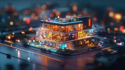 Wall Mural - Illuminated Miniature City Skyline with Skyscrapers and Twinkling Lights