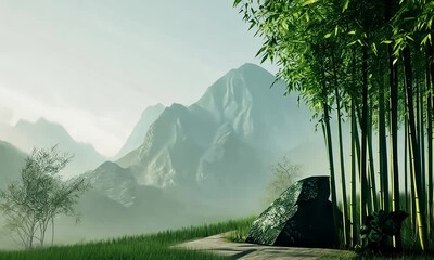Wall Mural - A serene landscape featuring bamboo, mountains, and mist, evoking tranquility and connection with nature.