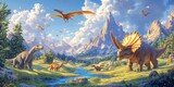 Dinosaurs Roaming A Prehistoric Mountain Valley Landscape