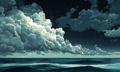 Wall Mural - A dramatic seascape featuring dark clouds and rain over turbulent ocean waves.