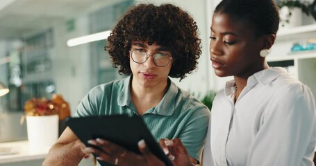 Poster - Tablet, teamwork and business people in office, conversation and planning for project. Employees, coworkers and creative agency with technology, innovation for company development and social media