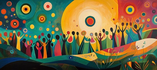 Wall Mural - Colorful abstract illustration of joyful people celebrating, raising hands in vibrant outdoor setting with a large sun in the background. Community and happiness concept.