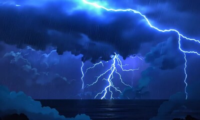 Wall Mural - A dramatic storm scene featuring lightning striking over a dark, rain-soaked landscape.