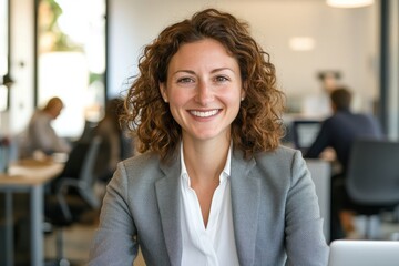 Professional businesswoman curly brown hair warm smile grey blazer white blouse office setting laptop colleagues in background