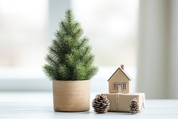 Wall Mural - Minimalist Christmas decoration with small green tree in wooden pot, pine cones, wrapped gifts, and house figurine on the table, natural light and clean focus.