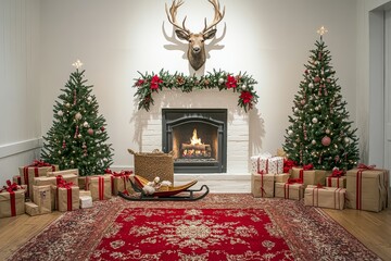 Wall Mural - Christmas holiday decoration with wooden deer head on white wall, fireplace, gift boxes, tree skirt, and festive sled for photography studio backdrop.