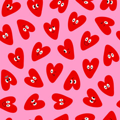Aufkleber - Cute seamless pattern with red hearts with character faces on a pink background. Trendy colorful illustration for kids. Vector hand drawn illustration
