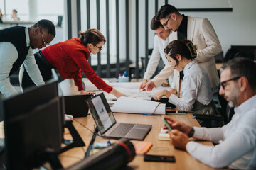 Wall Mural - A group of diverse business people brainstorm and collaborate on a project at a busy office table. They are engaged in discussion and teamwork, analyzing documents and using laptops for research.