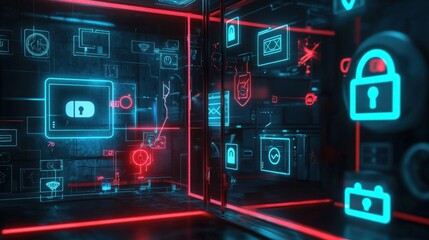 Fototapete - Digital security system visualization virtual environment technology concept innovative design futuristic perspective