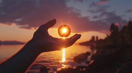 Wall Mural - capturing the sunset a person holding the sun lake shore photography tranquil evening creative expre