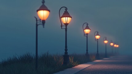 Wall Mural - Mysterious evening stroll with lampposts coastal road photography foggy environment serene viewpoint tranquility concept