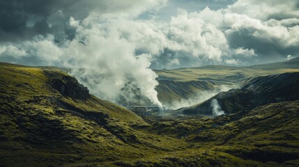 Poster - Geothermal energy production iceland industrial machinery lush green landscape aerial view sustainable technology insights