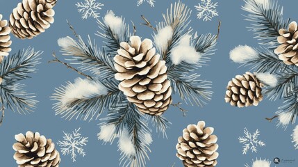 Wall Mural - Winter Scene with Pine Cones and Snowflakes on Blue Background for Holiday Decoration and Seasonal Design Use