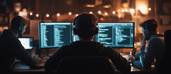 Rear view of a group of programmers working late at night in a dimly lit office.