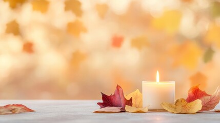 Wall Mural - Warmth and Remembrance Illuminated Candle Among Autumn Leaves for Worldwide Candle Lighting Day, Thanksgiving, and Christmas