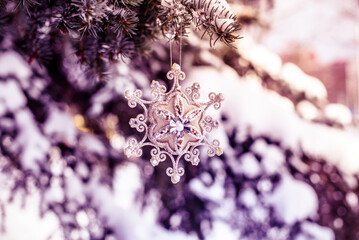 Wall Mural - Christmas star hanging on the branches of a snow-covered tree
