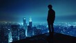 © guolin - A young man stands on a rooftop, gazing at the glowing city skyline at night, embodying the dreams and aspirations of Gen Z. The scene reflects the digital age, urban lifestyle, and the dynamic energy