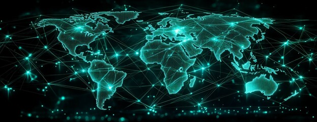 Aufkleber - Glowing green digital world map. Global internet network telecom and communication. Generative AI technology.	
