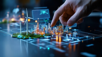 Poster - futuristic city model with hand interacting, showcasing sustainable technology, smart buildings, and renewable energy sources like wind turbines