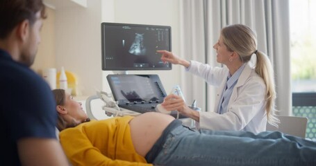 Aufkleber - Expectant Couple Attending Prenatal Ultrasound Appointment. Female Doctor Conducts Scan, Explaining Fetal Development Using Monitor Display. Pregnant Woman Smiles, Partner Observes Supportively