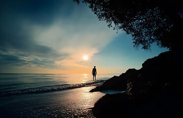 Wall Mural - Human silhouette entering the sea