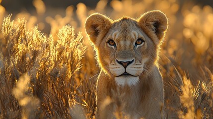 Wall Mural - young lion cub gazes curiously amidst golden grasses during sunset in a savannah landscape