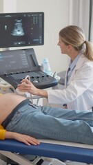 Aufkleber - Vertical Screen: Young Pregnant Woman Lies on a Clinic Bed while a Caucasian Female Obstetrician Performs an Ultrasound Procedure. Female Showing the Screen with Medical Imaging