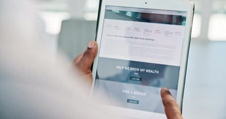 Wall Mural - person, hands and research with tablet screen for stock market, trading or web browser at office. cl