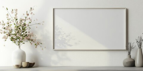 Wall Mural - Horizontal picture frame mockup displayed on a white wall featuring flowers, offering a blank frame for your design needs and ample copy space to showcase your creativity.