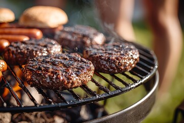 Canvas Print - Close-up of sizzling beef burgers on a grill with smoke rising, creating a delicious outdoor barbecue atmosphere.