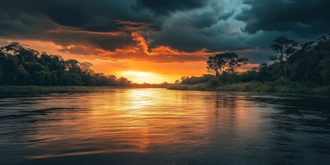 Wall Mural - dramatic silver sunset light casts a stunning glow in the evening sky during the rainy season, illum