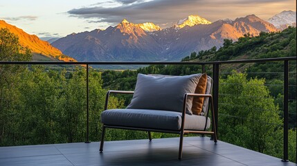 Wall Mural - Cozy Chair on Deck Overlooking Majestic Mountain Landscape at Sunset