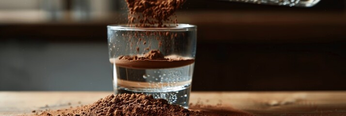 Wall Mural - A sful of cacao powder being added to a glass of water emphasizing the versatility of cacao as a nutrient booster.