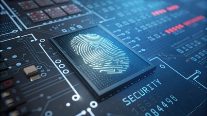 Wall Mural - fingerprint biometric threat and cybersecurity concept. Digital fingerprint on a circuit board representing security technology