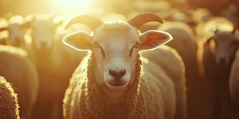 Sheep gather in a corral illuminated by the warm rays of the evening sun. This close up captures the distinctive features of a sheep s muzzle with horns in stunning detail.