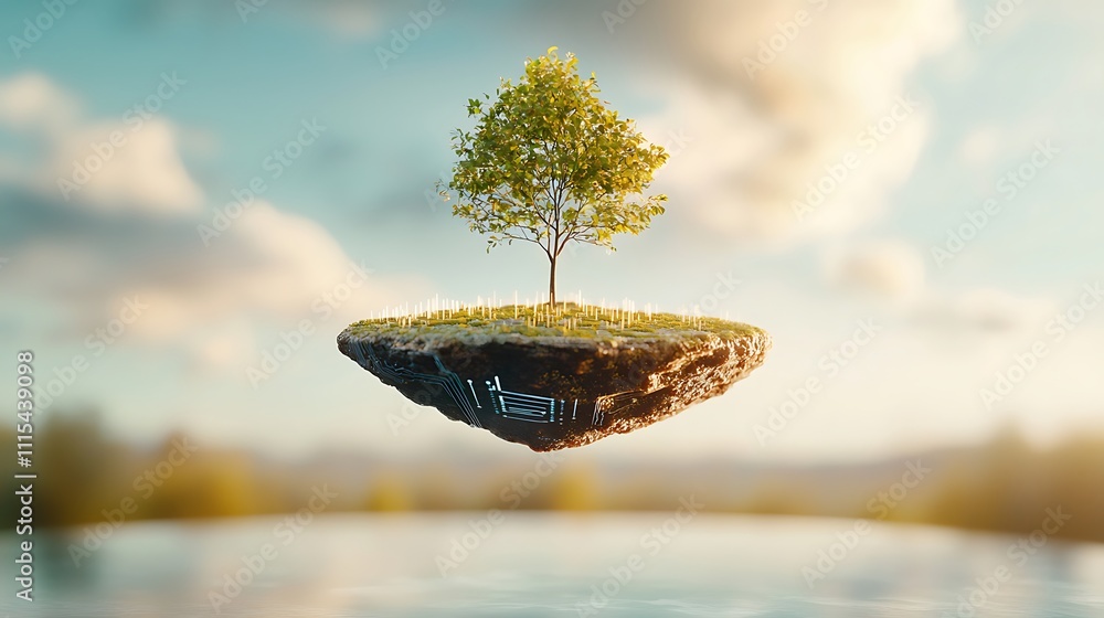 A mesmerizing microchip floating island suspended in a surreal sky ...
