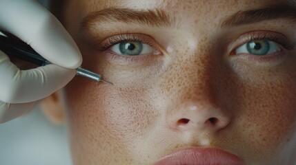 Wall Mural - A close-up of a woman's lips being treated with a cosmetic procedure, shows a professional applying a tool carefully.