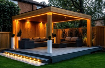 Wall Mural - an outdoor seating area with a wooden deck, white columns, and gray couches, with ambient lighting at night