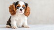 © Koh's Smart - A cute and fluffy tri color Cavalier King Charles Spaniel puppy dog with long ears and soulful eyes, sitting on a white background.