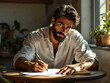 © Lomb - Professional bearded man writing notes in bright modern workspace