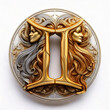 © Darcos - A Gemini symbol crafted from intertwined strands of gold and silver, forming the twins’ glyph with sleek, modern textures, isolated on a bright white backdrop