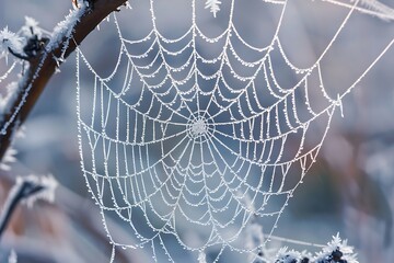 Wall Mural - A frostcovered spiderweb hangs delicately from a branch, showcasing intricate radial threads laden with ice crystals. The winter scene is serene and beautiful.