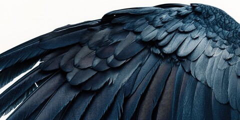 A detailed, close up perspective shows a black wing set against a completely white background, highlighting the wings unique features and color.