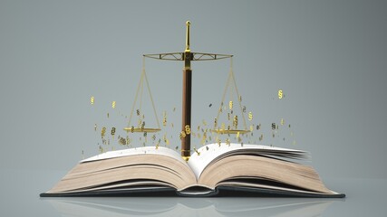 Sticker - Law Studies - 3D illustration. Golden scale with paragraphs and law book.