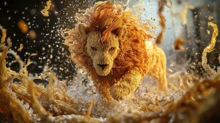 Aufkleber - Dynamic lion sculpture made from noodles studio setting artistic creation vibrant environment close-up perspective
