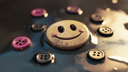 Poster - Playful button arrangement smiling face neutral surface visual art calm environment close-up view creative concept