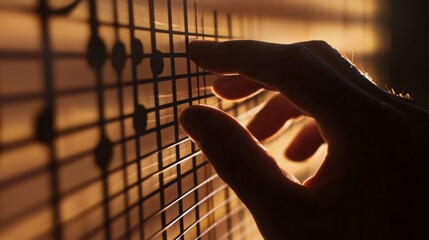 Leinwandbilder - Fingers casting shadows on guitar strings intimate music scene warm light artistic perspective musical expression